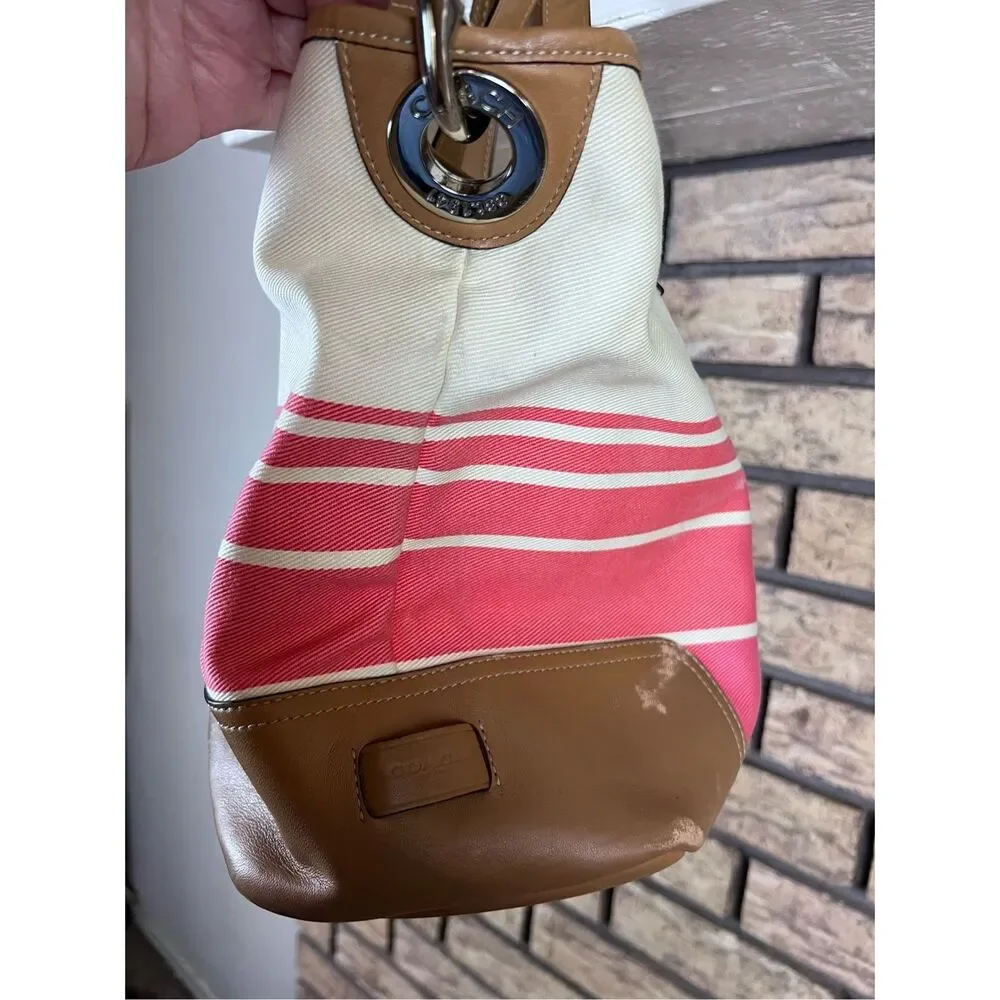 Coach Hadley Variegated‎ Coral & Beige Striped Canvas Leather Tote Shoulder Bag